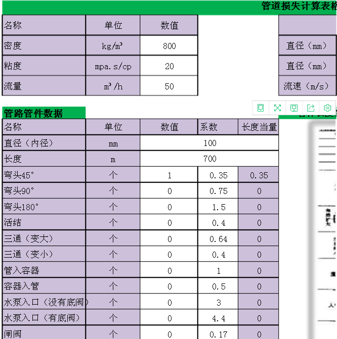 流体管道压力损失计算表